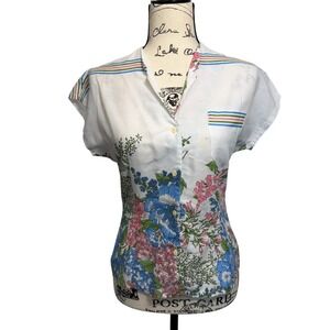 Red Pepper Vintage Floral Button Up Short Sleeve Bluse Cottage Core, Small